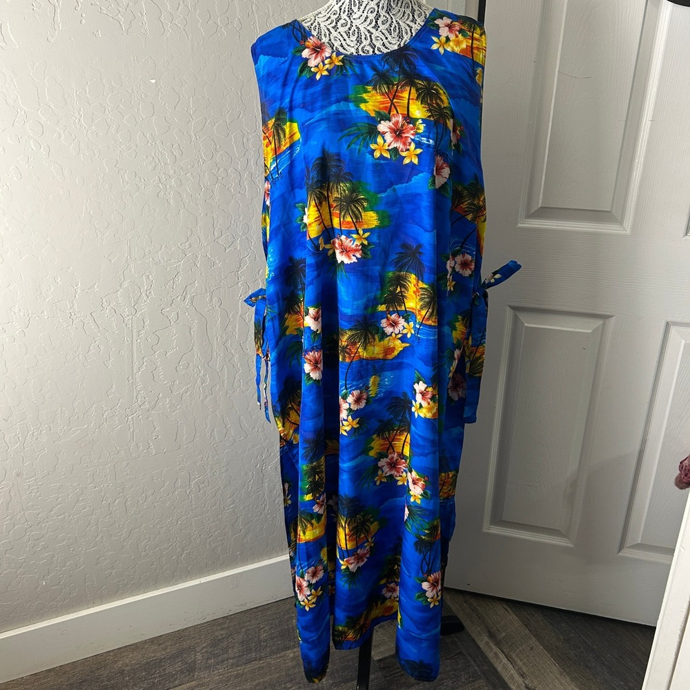 RINA Maxi Dress Sleeveless Free Size Womens Blue Tropical Floral Palm Tree Luau